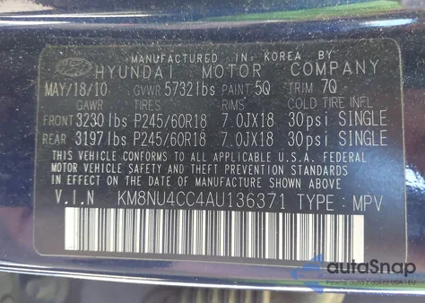 2010 Hyundai Veracruz Limited z USA, uszkodzony, nr VIN KM8NU4CC4AU136371